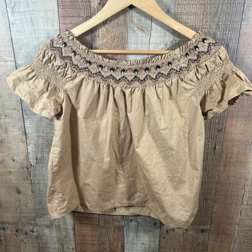 Old Navy Small Tan Smocked Peasant Top Embroidered Boho Cotton Blouse Brown